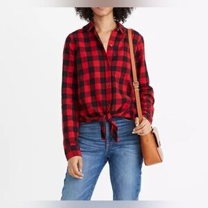 Madewell Sasha Buffalo Check Flannel Tie-Front Shirt in Red & Black Size Small